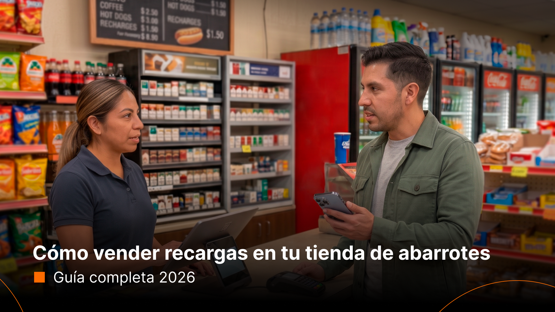 Dueño de tienda de abarrotes en México haciendo una recarga electrónica desde su celular Android en el mostrador